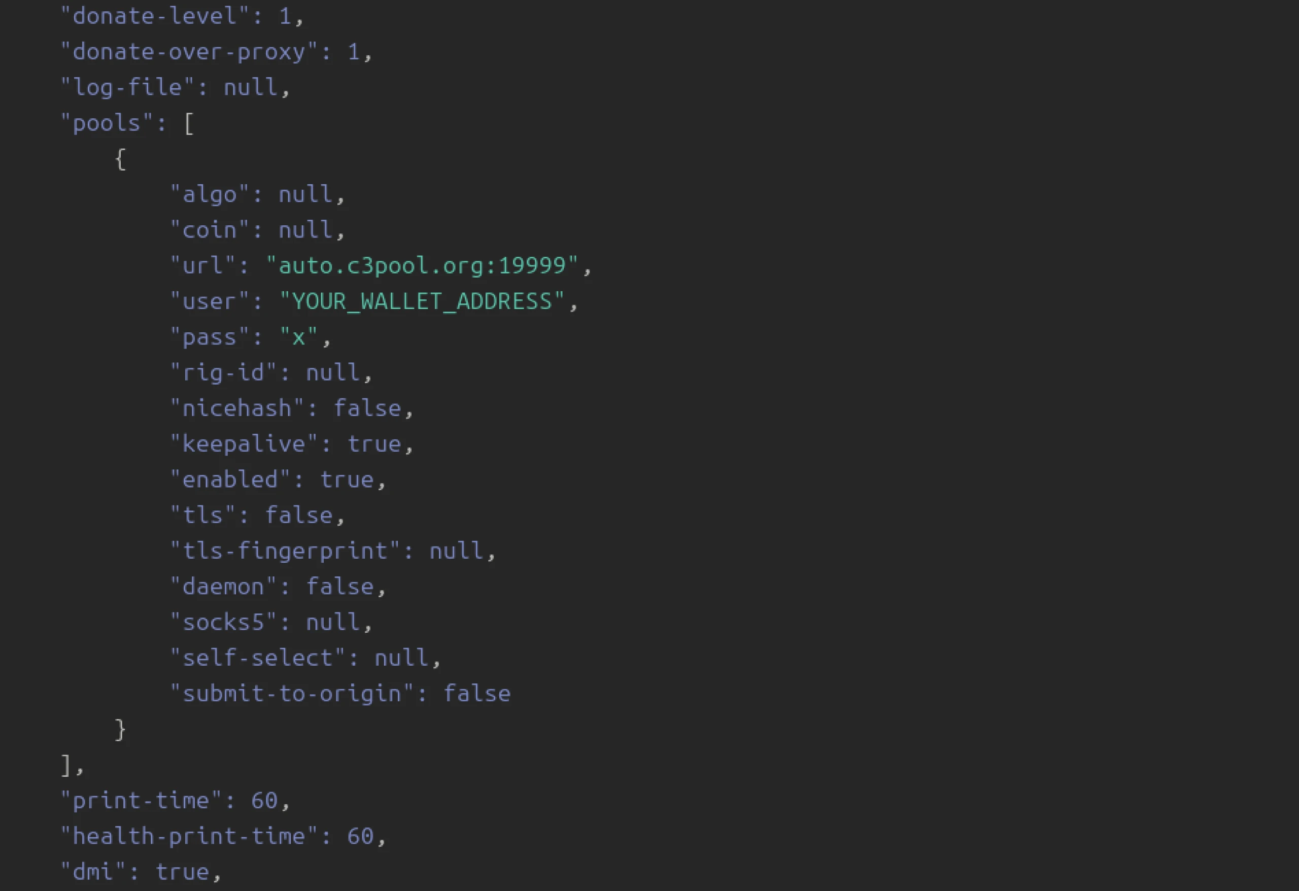 Snippet of the configuration file found within the xmrig.zip archive